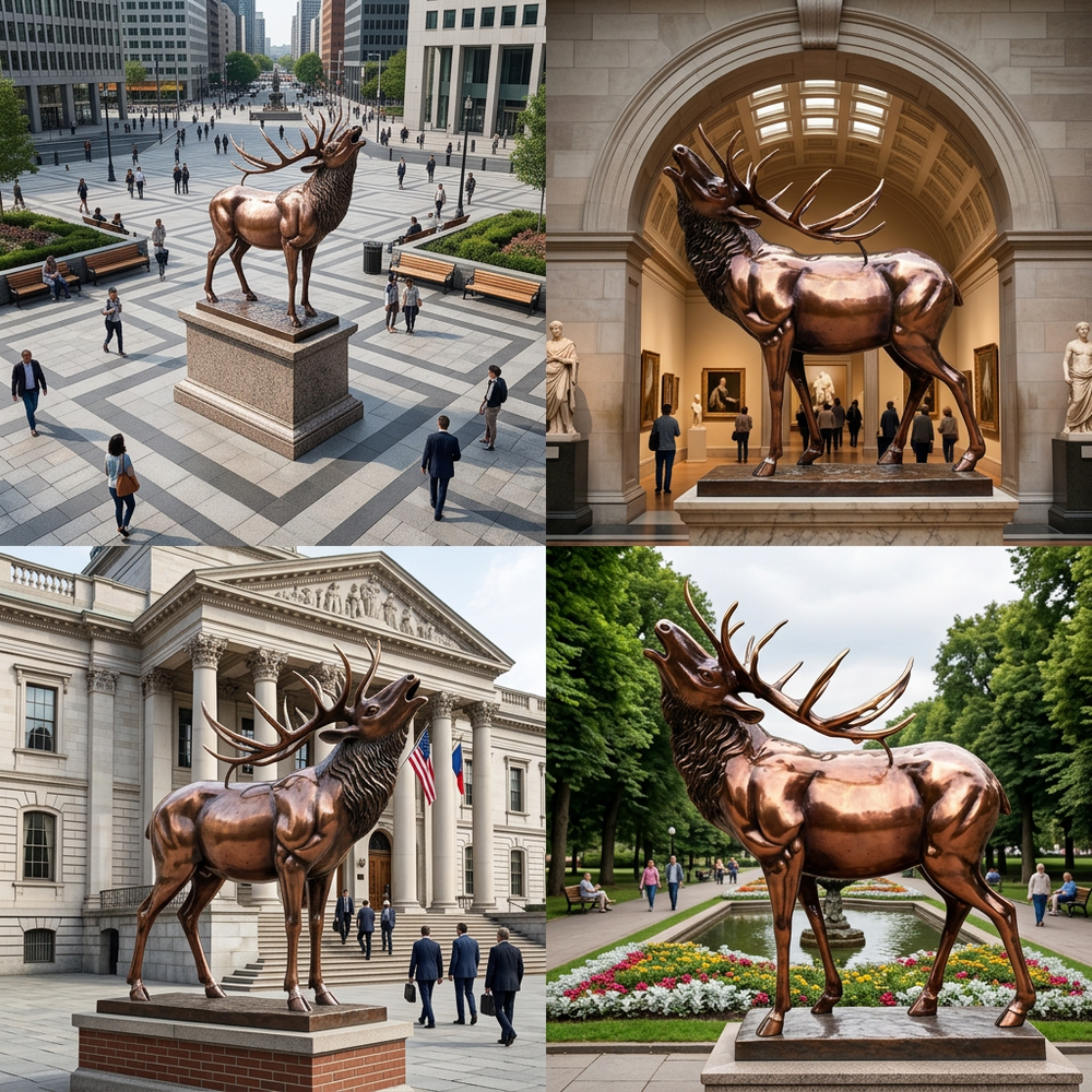 Collage of a large bronze elk statue in various settings including a city square, museum, and park.
Lodges, resorts, and hospitality environments