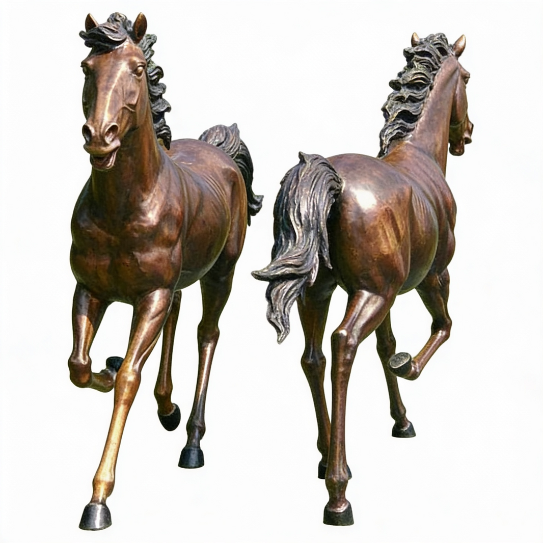 Detailed bronze horse statues in mid‑stride, showcasing muscular bodies and expressive movement.