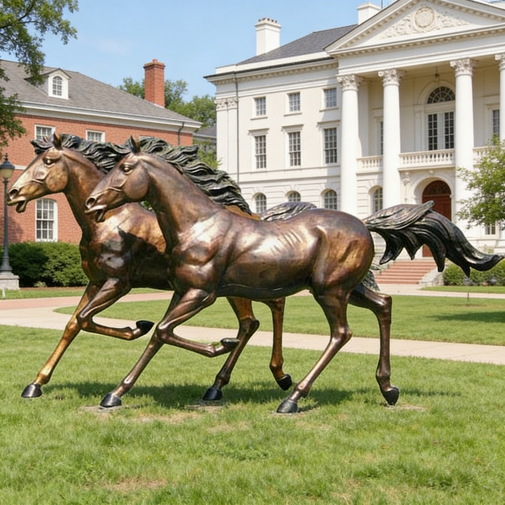 Bronze sculpture of two horses running in front of a classical building
Bronze equestrian artwork depicting two horses in energetic motion with textured manes and tails