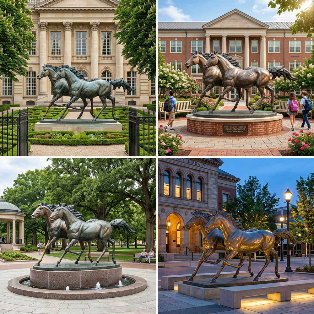 Collage of horse statues in various settings with buildings and greenery.
