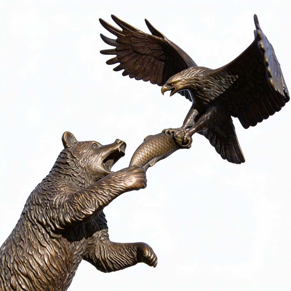 Bronze sculpture of a bear and an eagle interacting with a fish.
