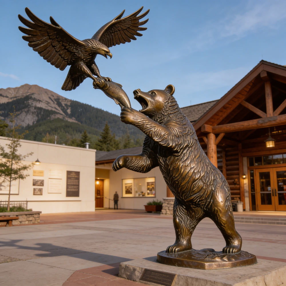 Bronze statue of a bear and an eagle in front of a building with mountains in the background