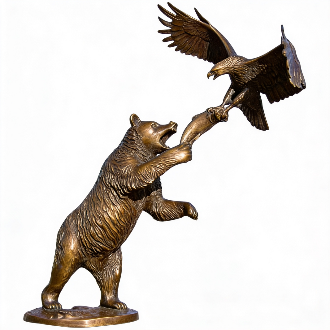 Bronze statue of a bear and an eagle interacting on a white background