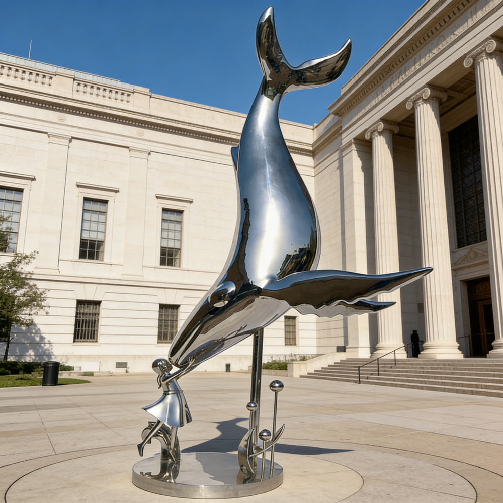 Contemporary metal sculpture of a whale descending toward a human with smooth reflective surfaces