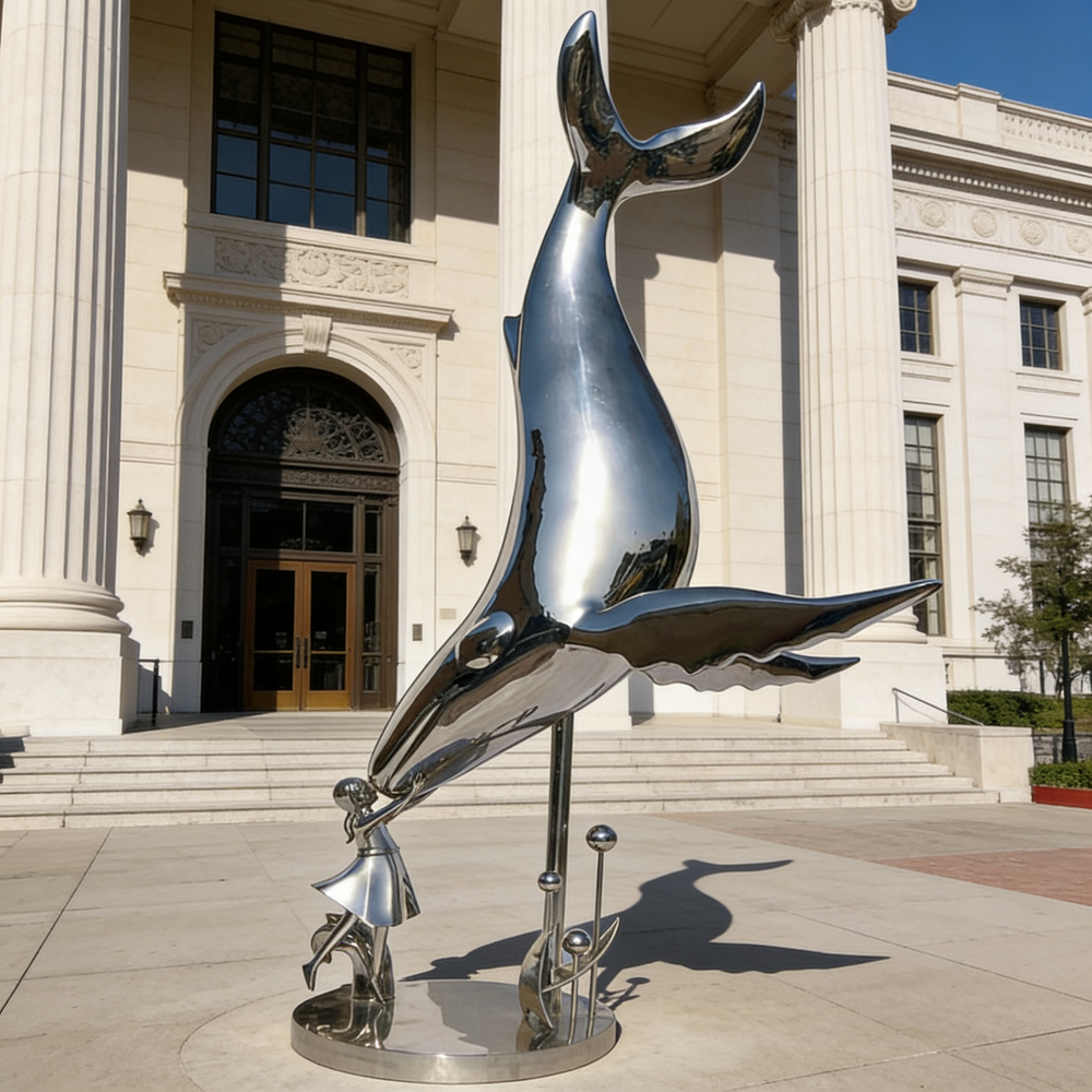 Abstract polished metal whale sculpture with a small figure reaching up from a circular base