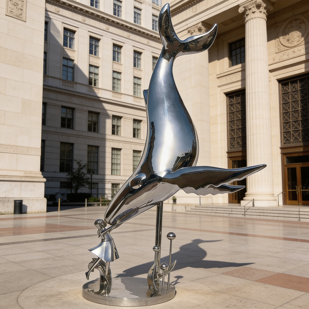 Reflective whale and human sculpture symbolizing connection between nature and humanity