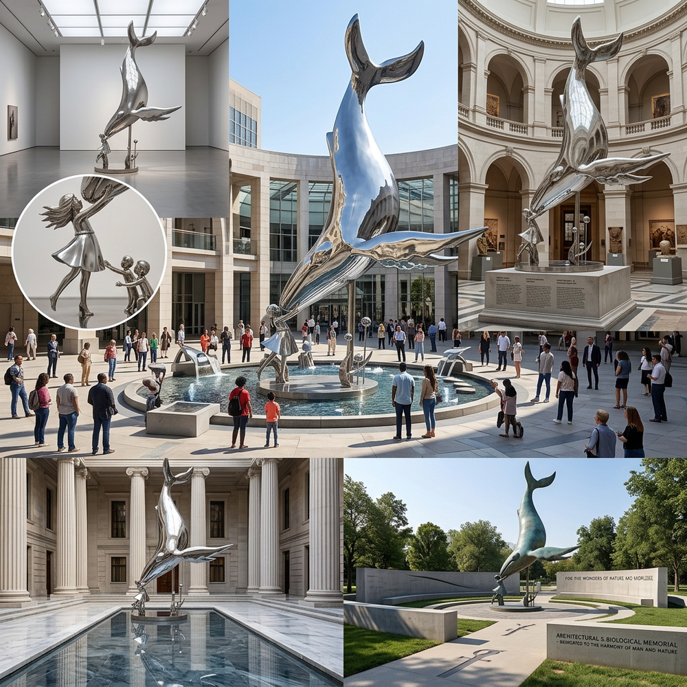 Polished metal artwork of a diving whale and an upward‑reaching human figure