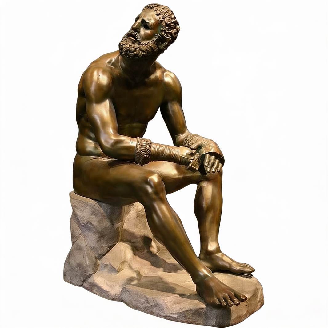 Bronze statue of a seated figure on a white background