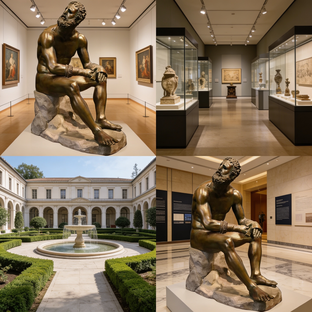 Collage of a museum interior with sculptures and a courtyard.