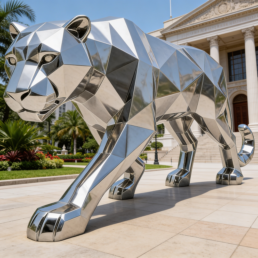 Modern metallic panther artwork featuring angular geometric contours and a sleek reflective finish
