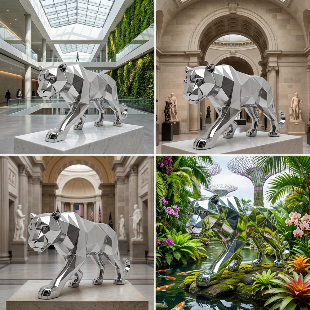 Contemporary faceted metal panther sculpture with sharp angular surfaces and mirror‑like shine