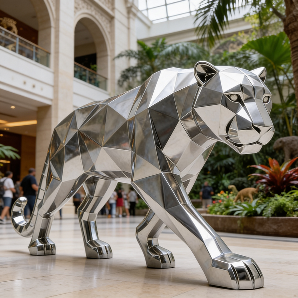 Reflective faceted panther sculpture made from polished metal with a modern abstract style