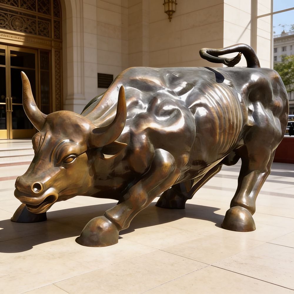 Bronze bull statue in front of a building
Modern bronze‑finish bull artwork symbolizing strength and momentum