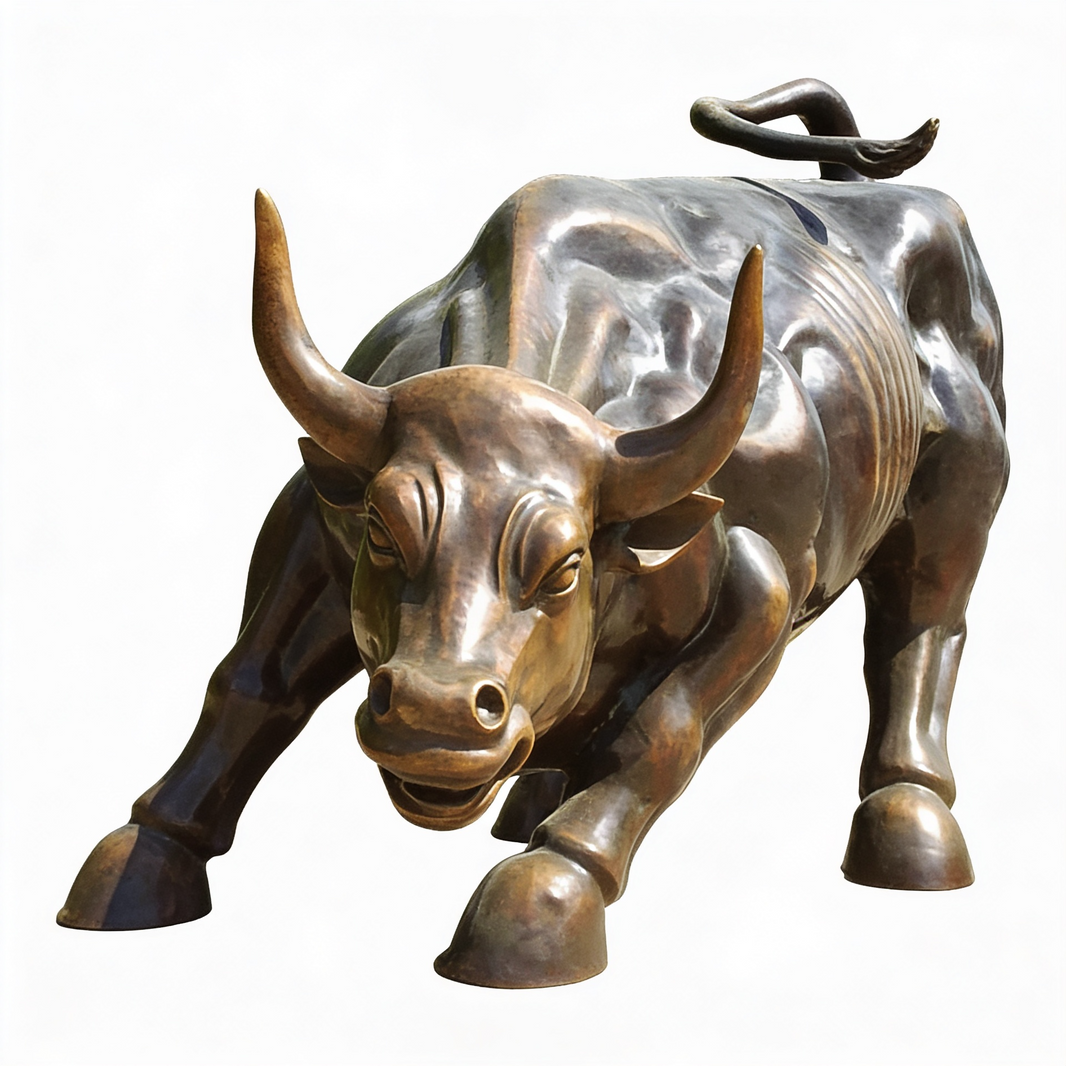 Bronze statue of a charging bull on a white background
Bronze‑tone charging bull sculpture with lowered head and powerful muscular stance