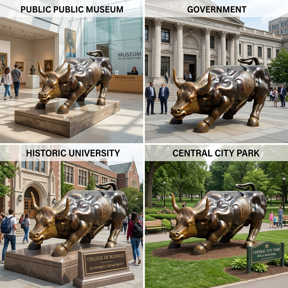 Bronze bull statue in various public and institutional settings
Bronze‑tone sculpture of a muscular bull in motion with strong angular lines