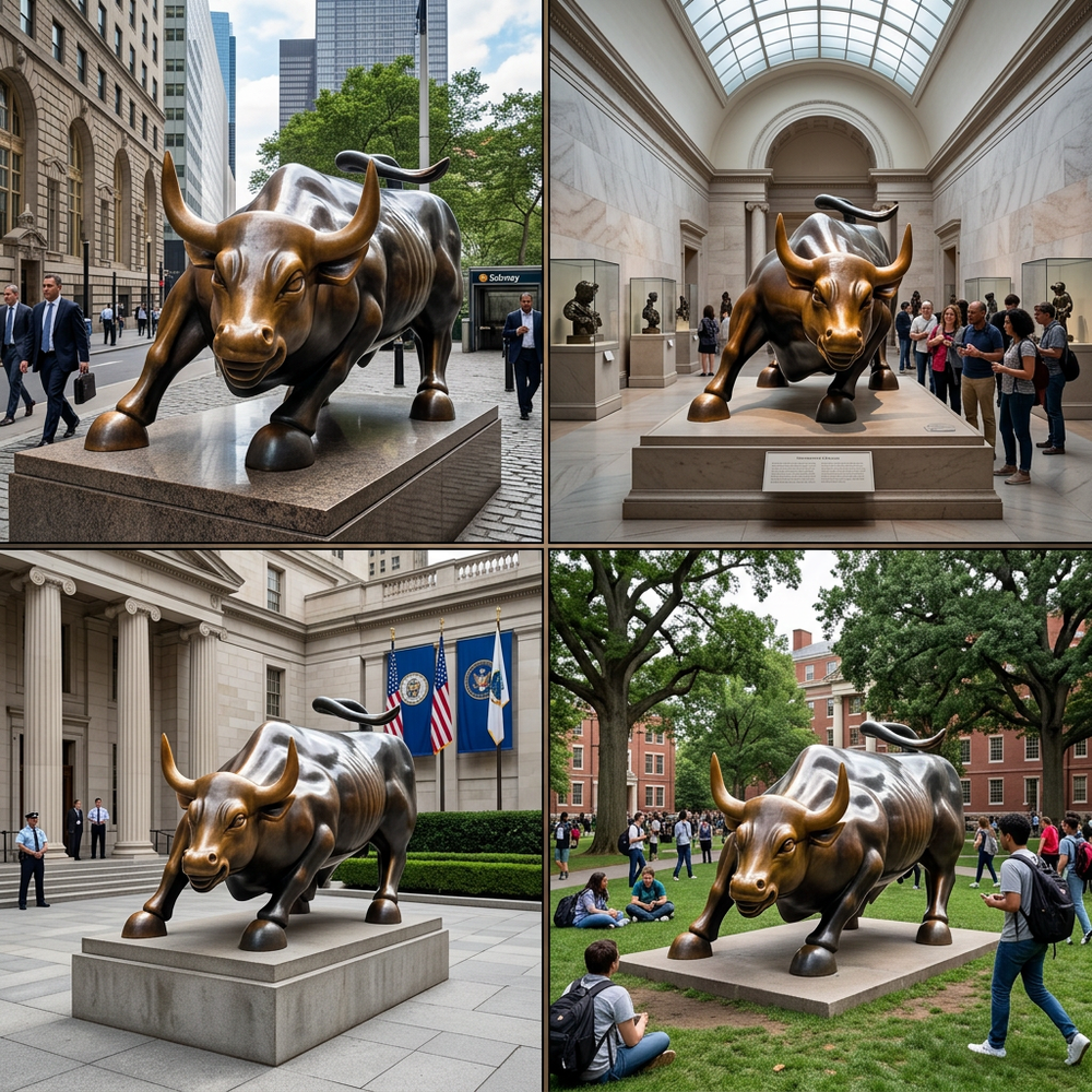 Collage of the Charging Bull statue in different locations
Reflective metallic bull artwork capturing energy and determination