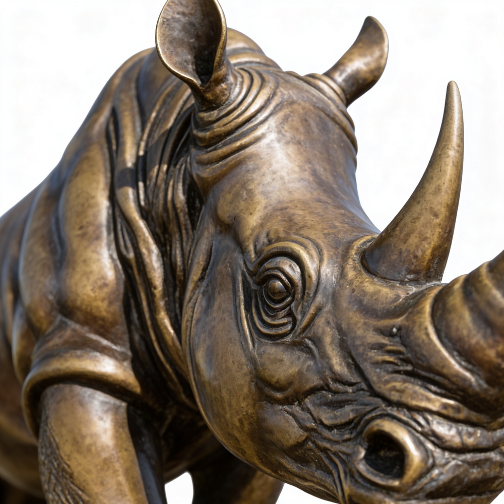 Bronze statue of a rhinoceros on a white background
