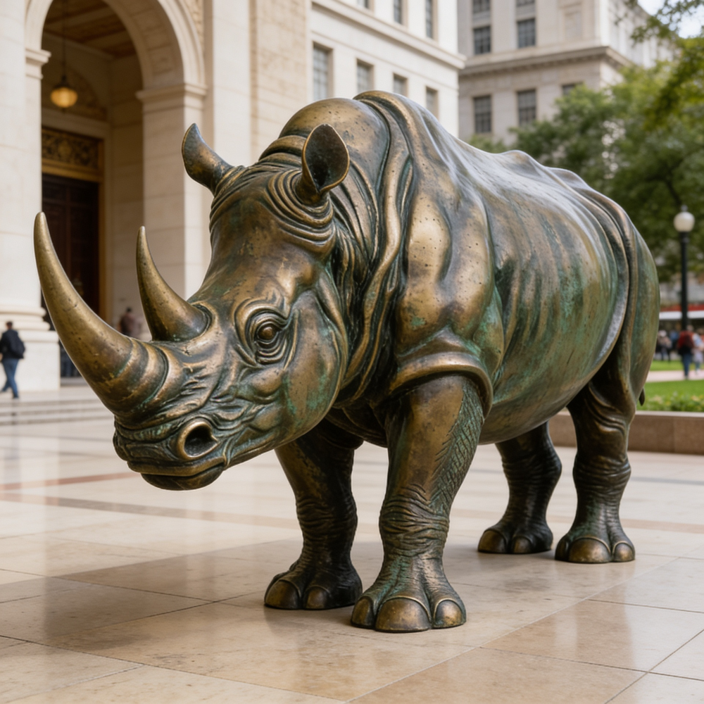 Bronze rhinoceros statue in front of a building
Detailed metal rhinoceros artwork with sculpted skin patterns and strong horn structure
