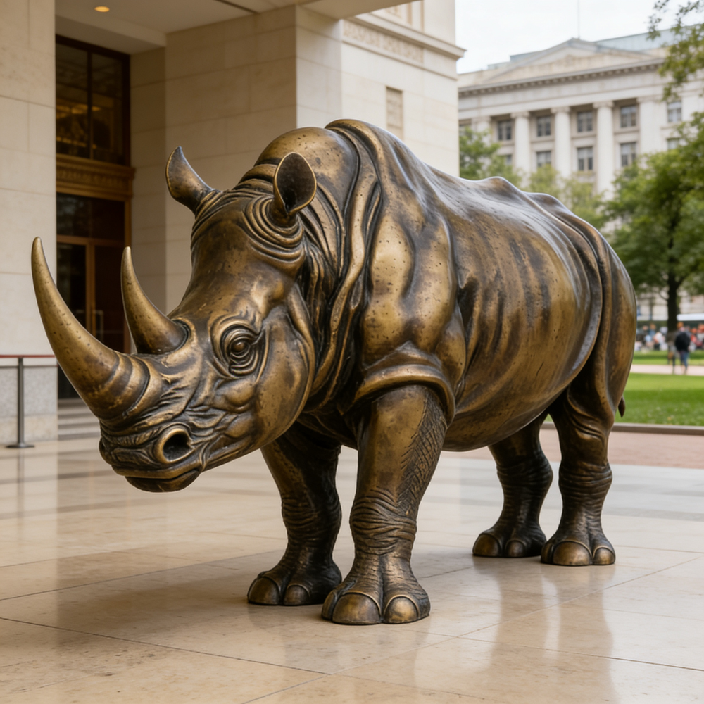 Bronze rhinoceros statue in front of a building
Contemporary bronze rhino statue with textured skin and naturalistic proportions