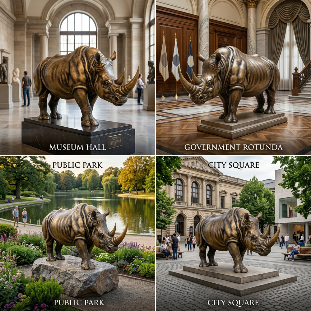 Bronze rhinoceros statue displayed in various settings including a museum hall, government rotunda, public park, and city square.
Realistic wildlife sculpture of a rhino crafted in bronze with defined textures