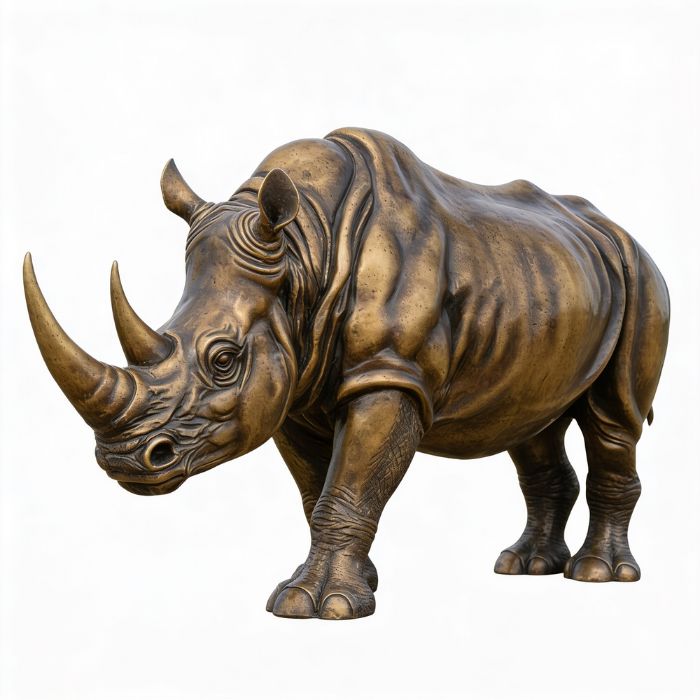 Bronze rhinoceros statue on a white background
Realistic bronze rhino sculpture capturing powerful stance and natural texture