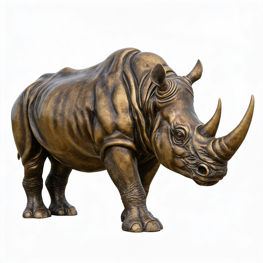Bronze rhinoceros sculpture with detailed textured skin and realistic horn design