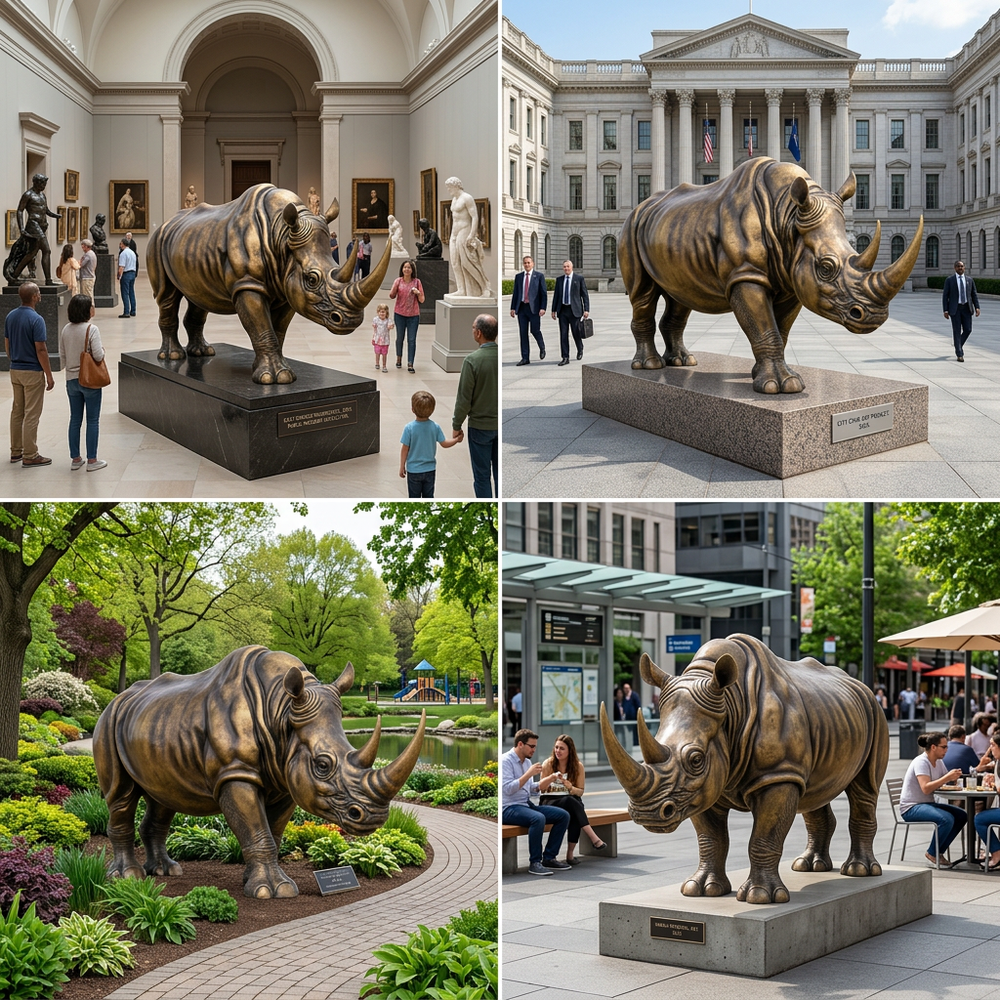 Collage of a bronze rhinoceros statue in various settings including a museum, outdoors, and a park.