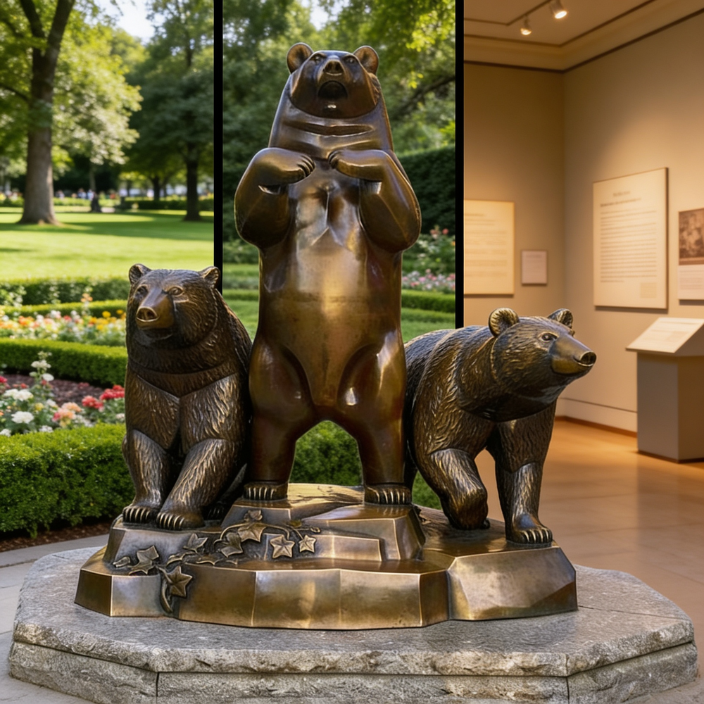 Bronze statue of three bears on a pedestal with a garden and building interior in the background.