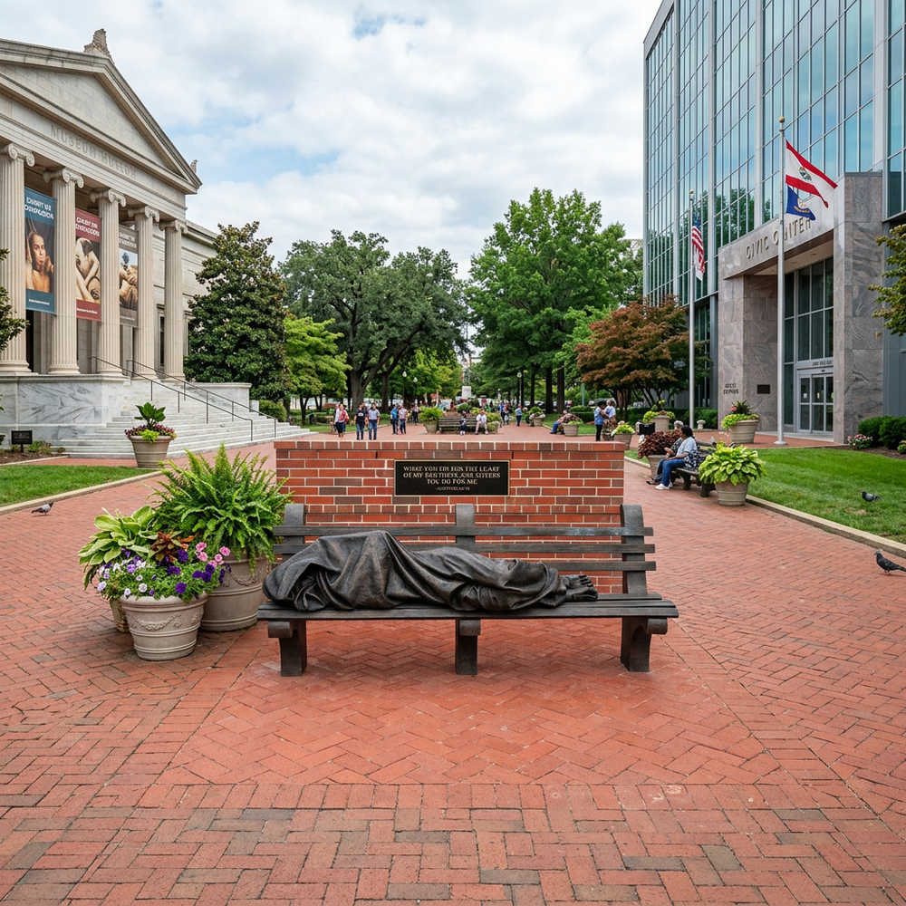 Bronze sculpture of a person draped in a blanket on a bench in an outdoor setting with buildings and trees in the background.
Detailed bronze sculpture of a person resting on a bench with draped coverin