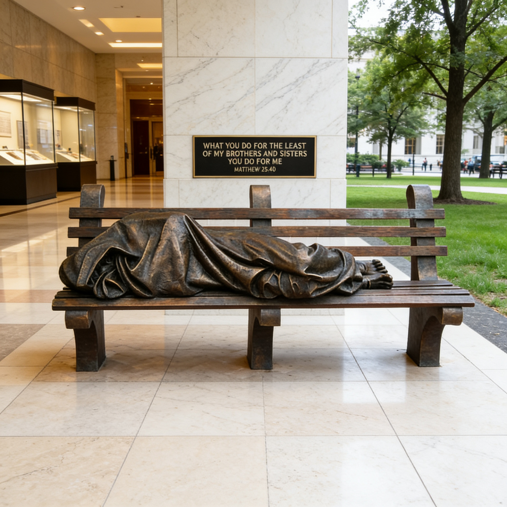 Bronze sculpture of a person on a bench with a quote in an indoor setting.
Bronze artwork depicting a homeless person sleeping on a bench