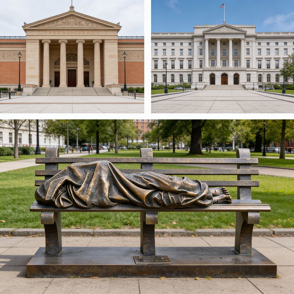 A collage of two buildings and a sculpture of a draped figure on a bench.
Bronze artwork depicting a homeless person sleeping on a bench