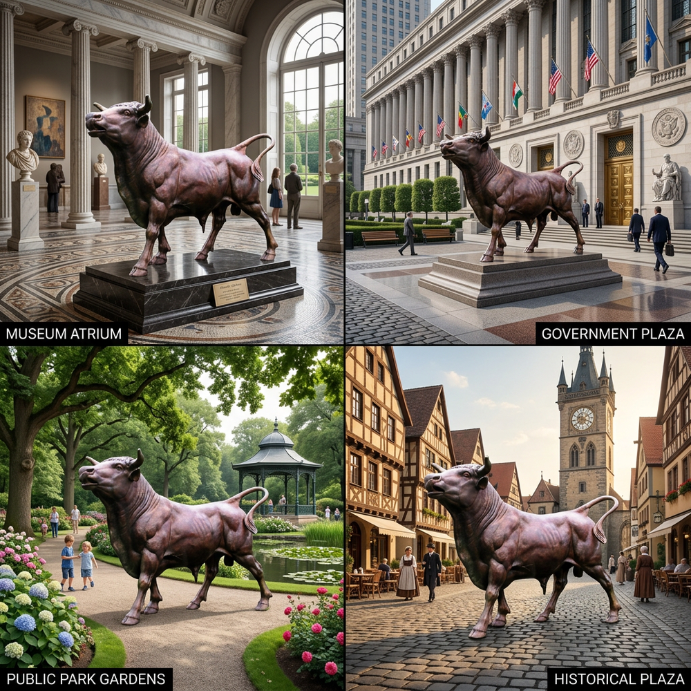 Collage of a bronze bull statue in different locations: museum atrium, government plaza, public park gardens, and historical plaza.