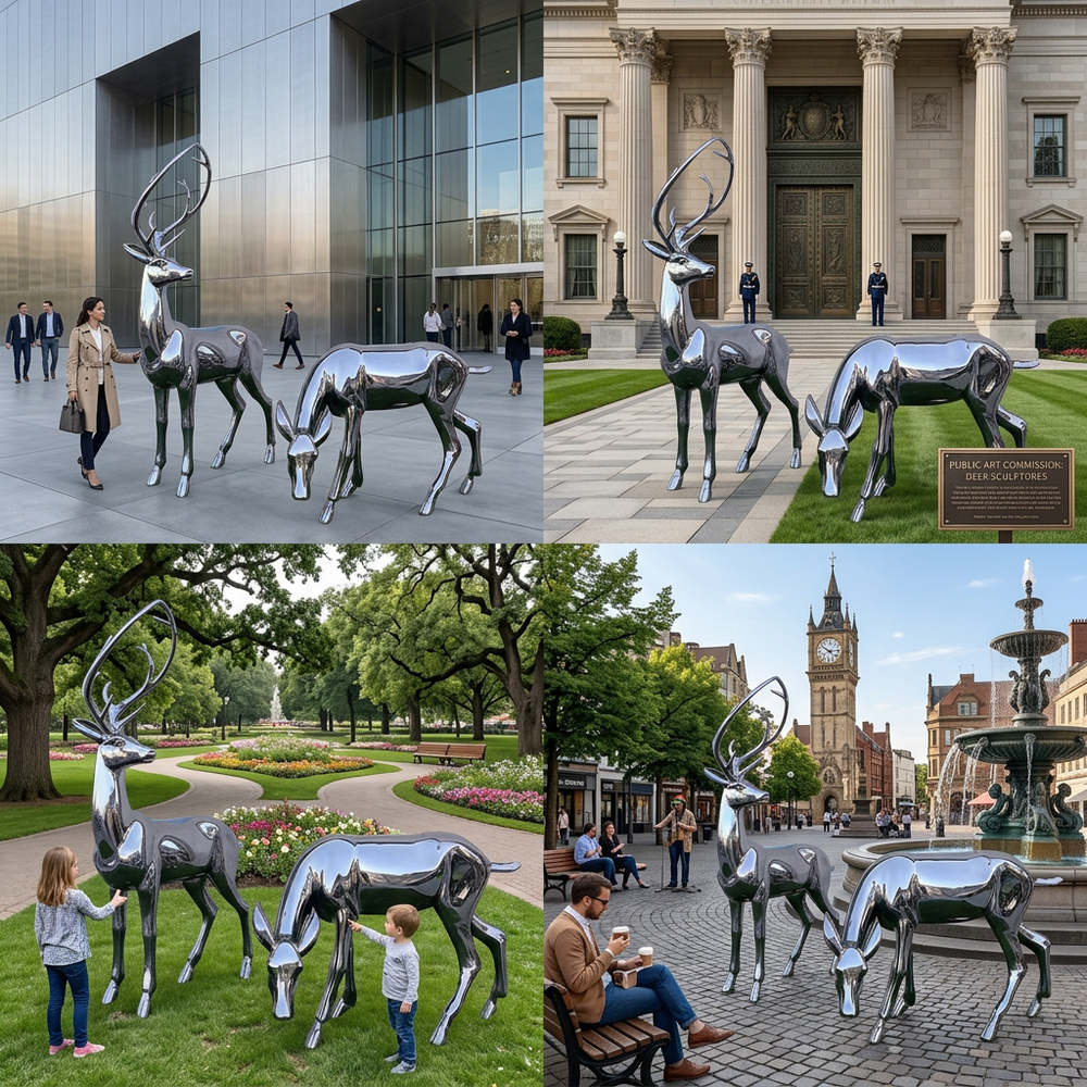 Collage of deer sculptures in various urban settings
Modern reflective deer sculpture pair with smooth polished surfaces