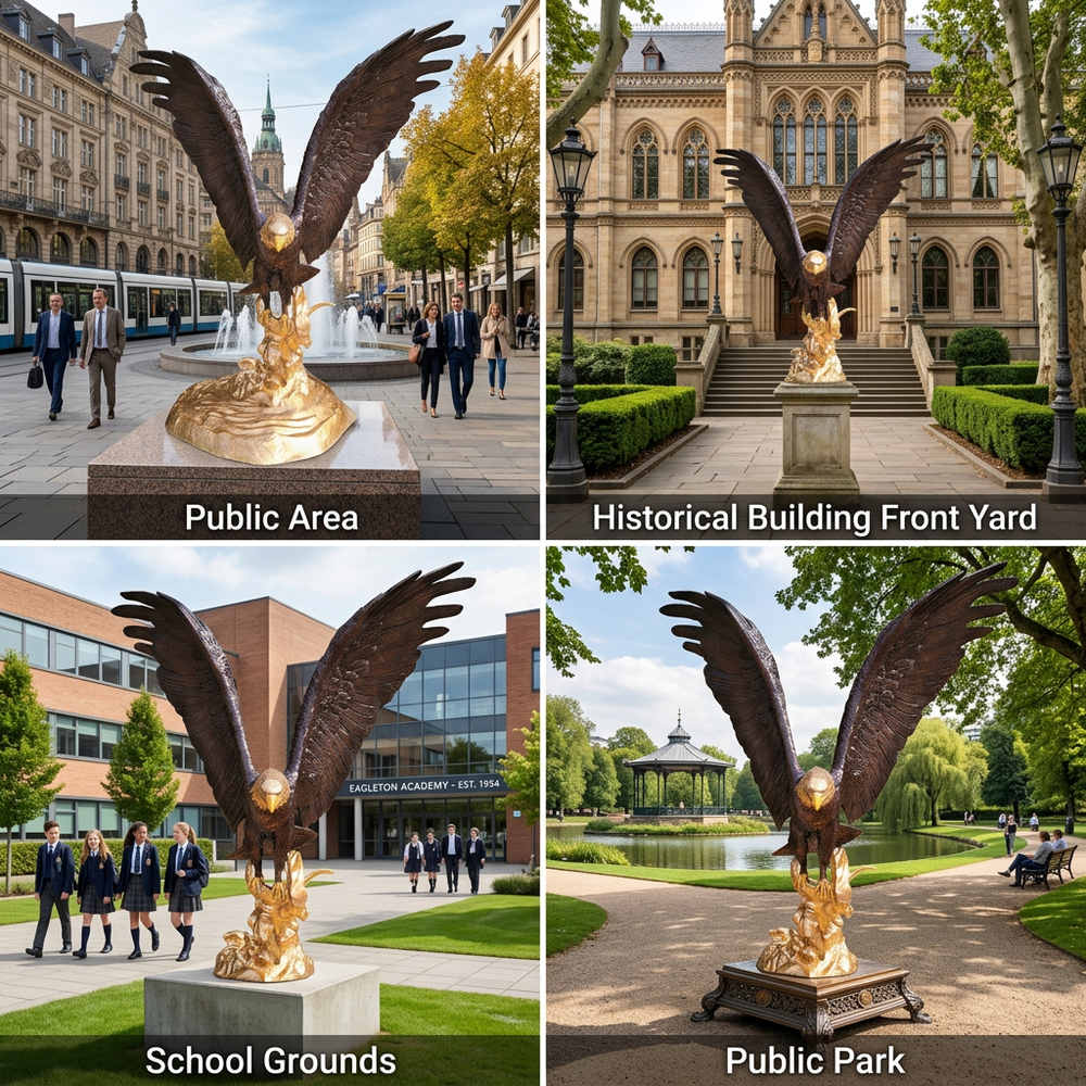 Realistic bronze eagle sculpture with spread wings and a contrasting gold base