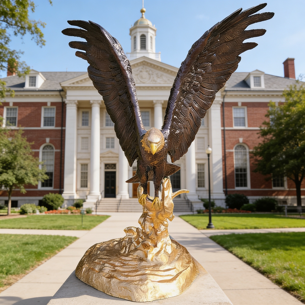 Powerful bronze eagle figure with wings stretched wide, standing on a bright gold pedestal