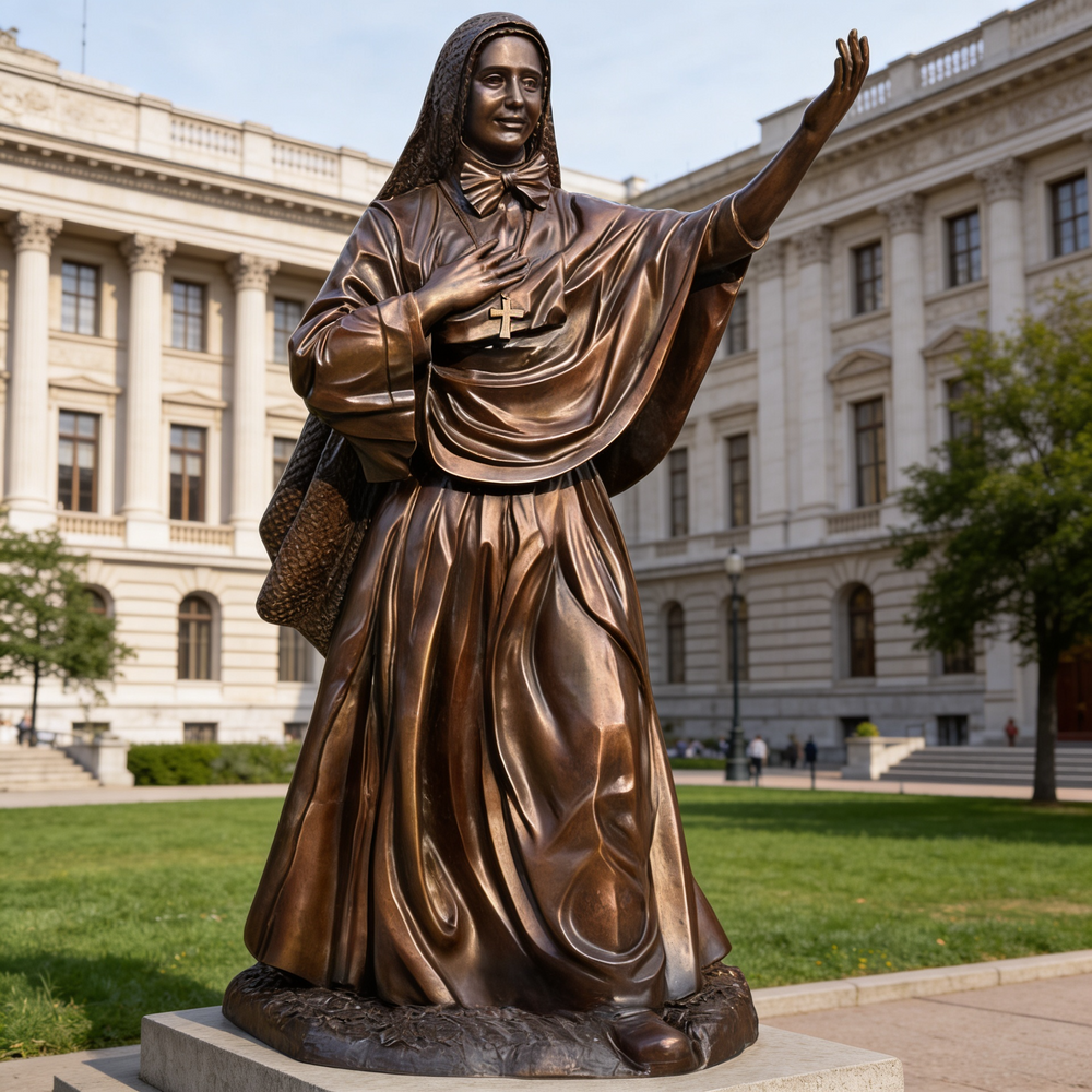 Bronze statue of a religious figure in front of a large building
Standing bronze sculpture of Mother Cabrini with one hand on her chest
