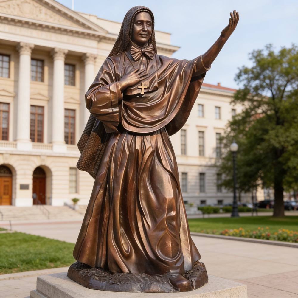 Bronze statue of a religious figure in front of a building