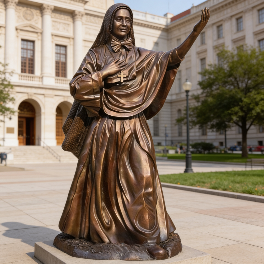 Bronze statue of a religious figure in front of a building
Detailed bronze artwork depicting Mother Cabrini in a welcoming gesture