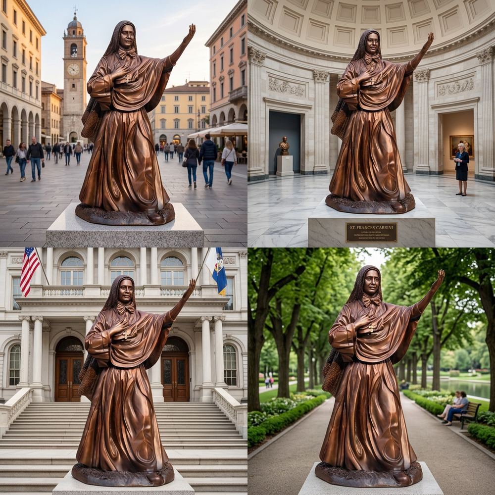 Collage of a bronze statue in various settings including a city square, museum interior, and park.
Polished bronze depiction of Mother Cabrini in traditional attire