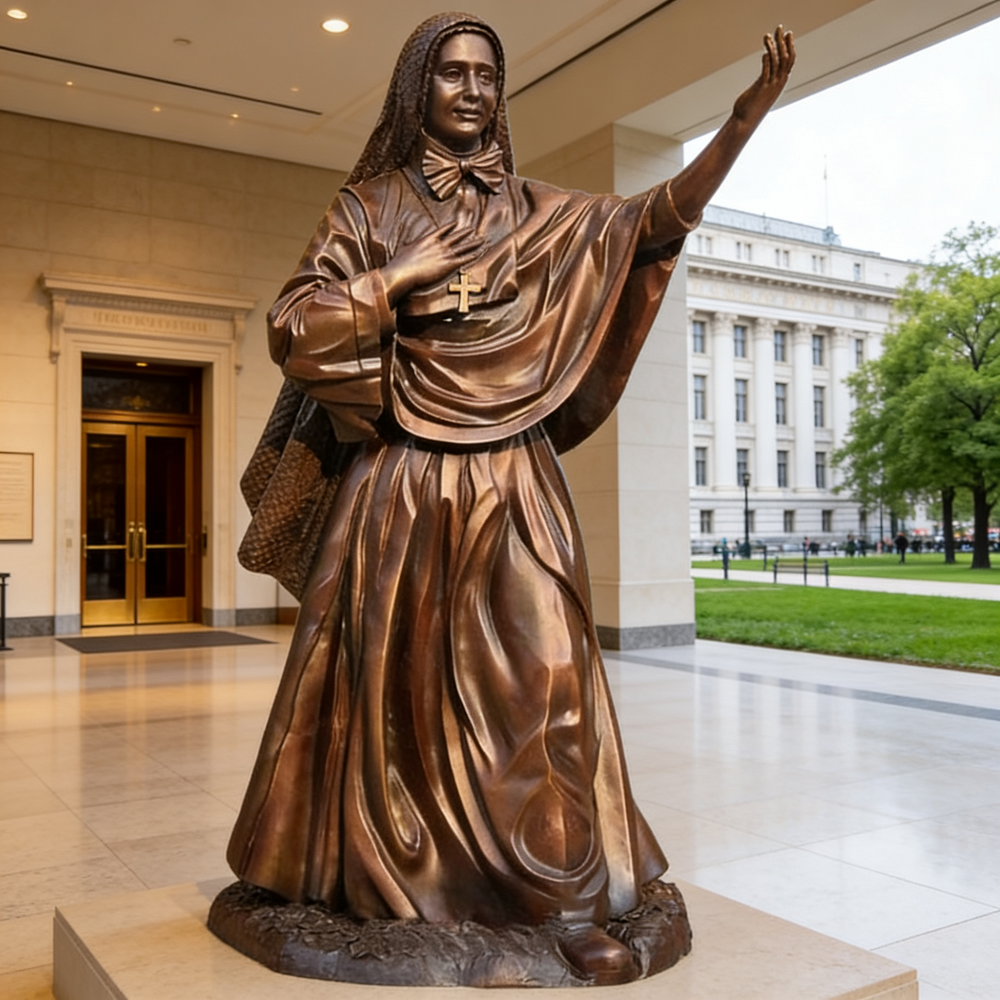 Bronze statue of a religious figure in a public building atrium
Bronze artwork of a standing female saint with hand over heart