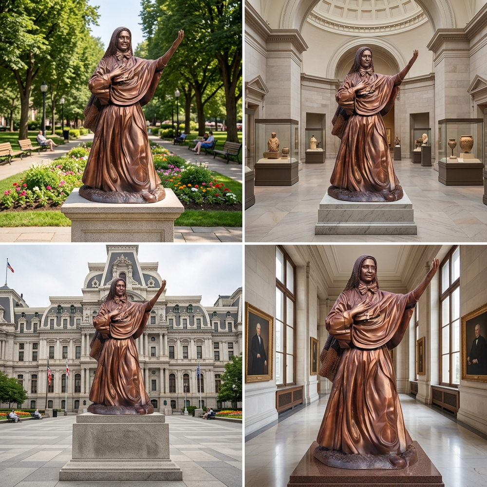 Collage of a bronze statue in various settings including outdoors, indoors, and in front of a building.