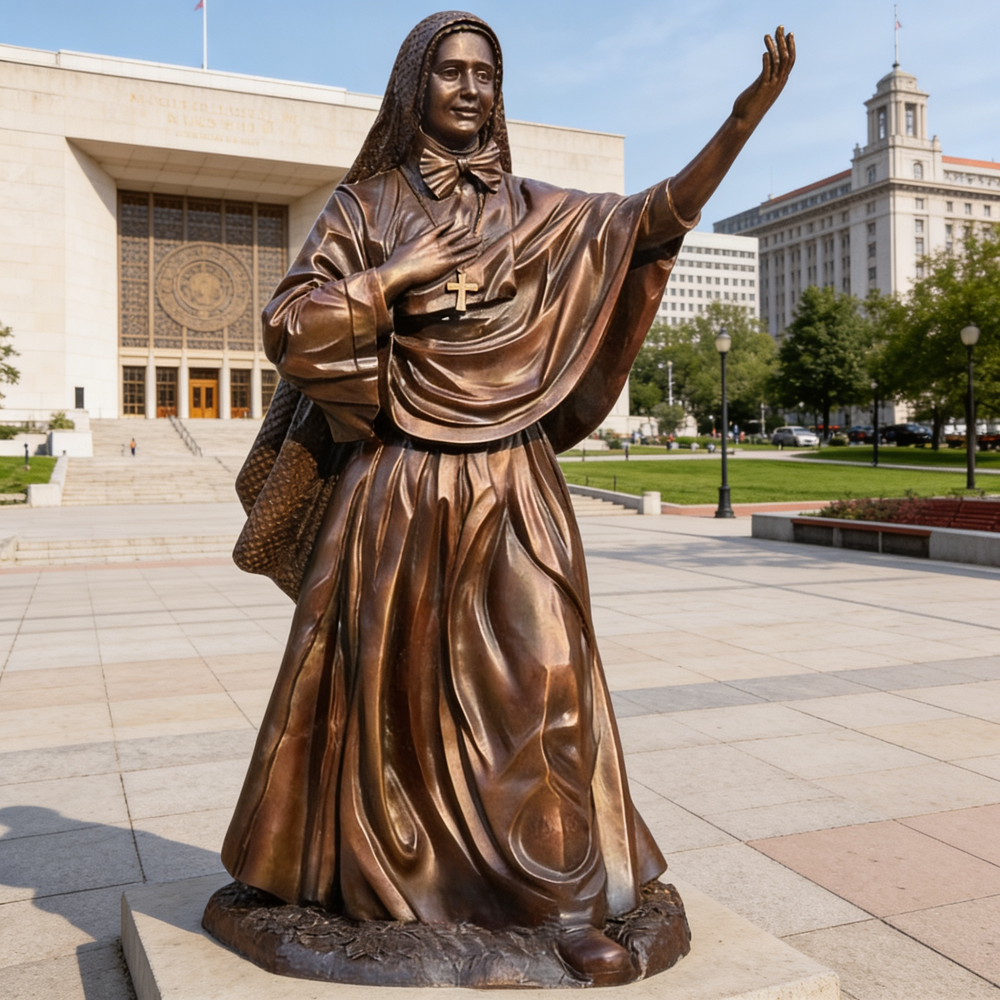 Bronze statue of a religious figure in front of a building with a clear sky