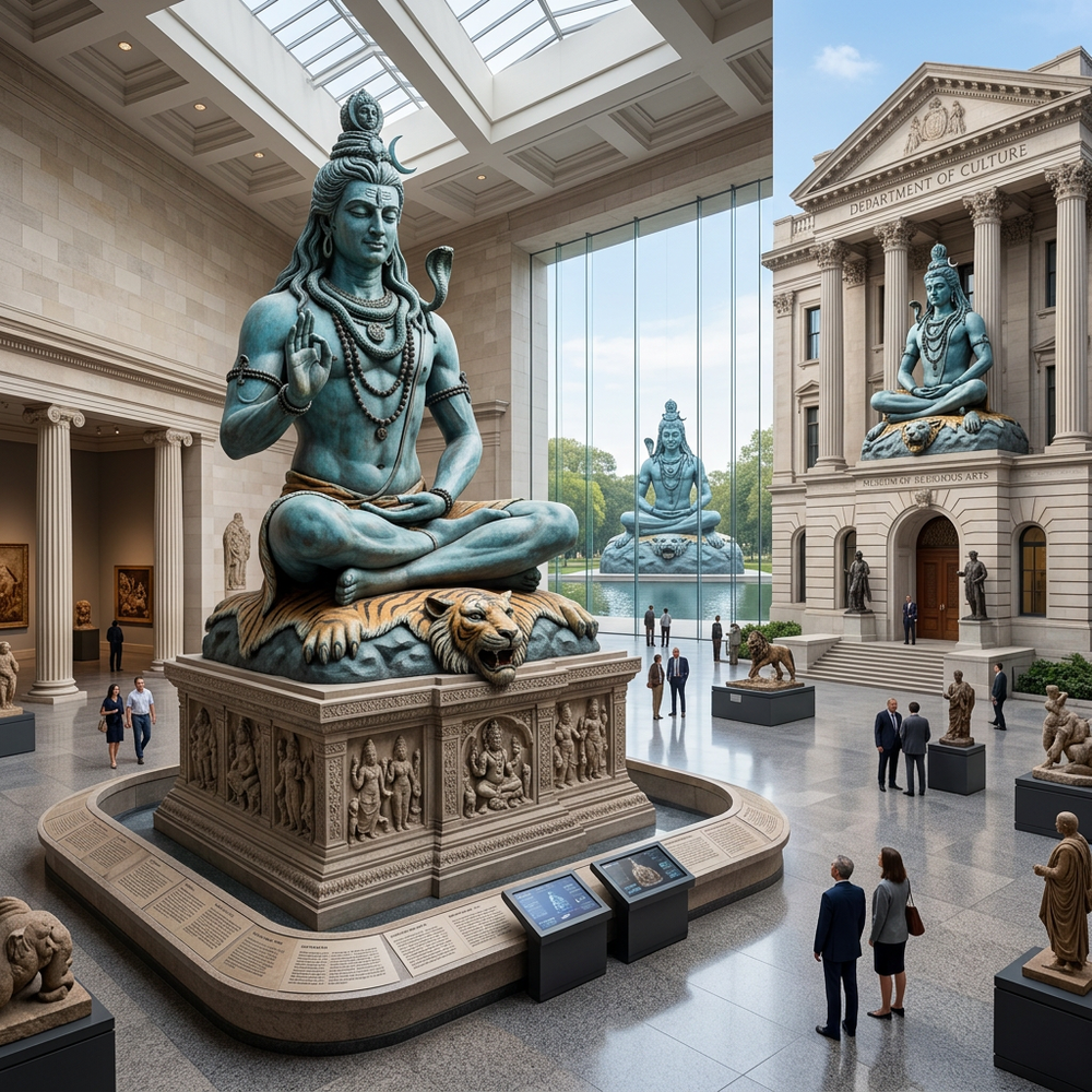 Large statue of a seated figure in a museum setting with other statues and visitors.
Detailed bronze sculpture of Lord Shiva in a calm meditation pose