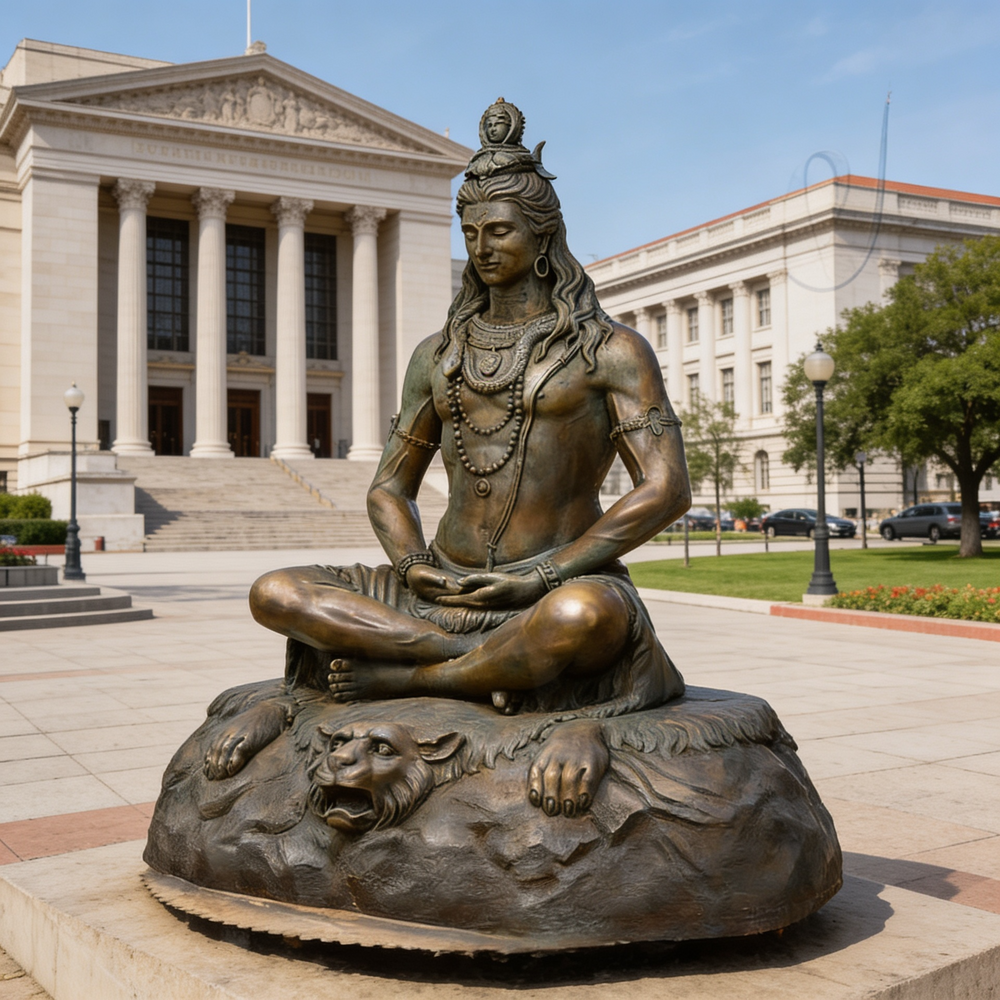 Bronze statue of a seated figure in front of a classical building
Bronze artwork depicting Shiva seated in meditation with symbolic elements
