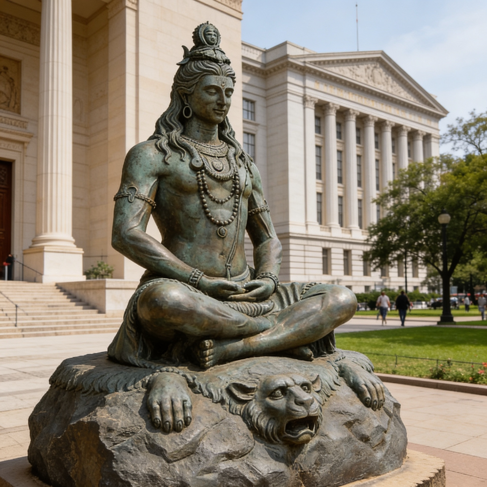 Bronze statue of a seated figure on a rock with a building in the
background
Sculpture of Shiva in a cross‑legged pose with detailed jewelry and topknot