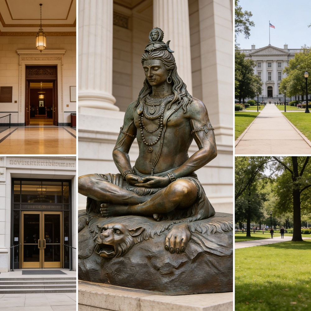 Collage of a statue, interior hallway, and park with trees.
Bronze sculpture of Lord Shiva seated on a carved lion‑base platform