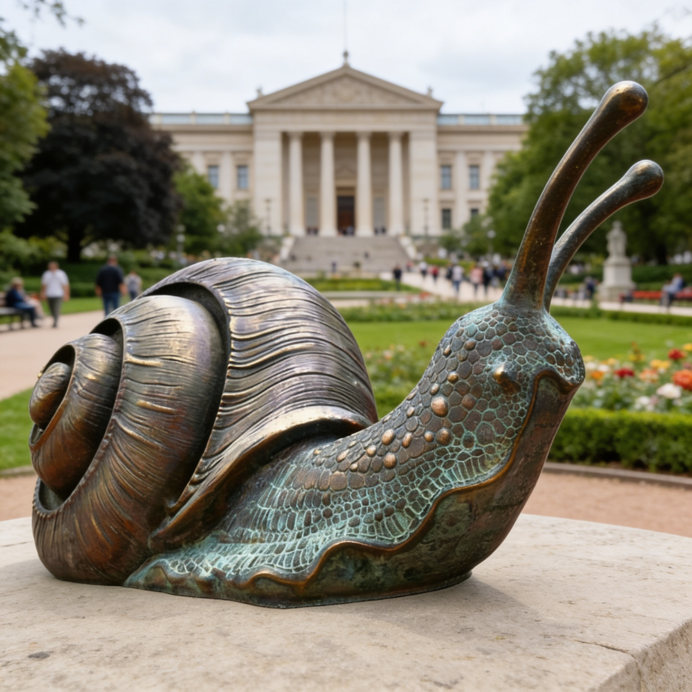Bronze snail sculpture in front of a classical building with greenery
Patina‑finished bronze snail figure with realistic shell texture