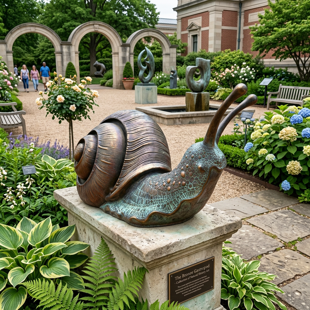 Bronze snail sculpture in a garden setting with other sculptures and
plants.
Bronze garden snail statue with natural green‑brown patina tones