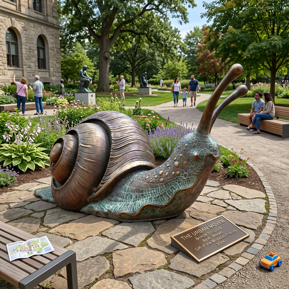 Large bronze snail sculpture in a park with people and a building in the background
Realistic bronze snail sculpture with patterned body and polished shell