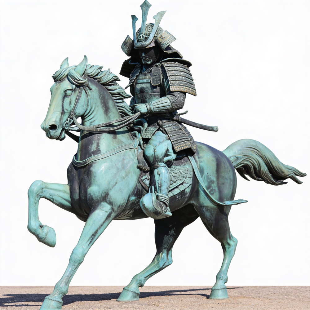 Bronze statue of a samurai on horseback against a white background
Bronze samurai on horseback artwork symbolizing honor and strength